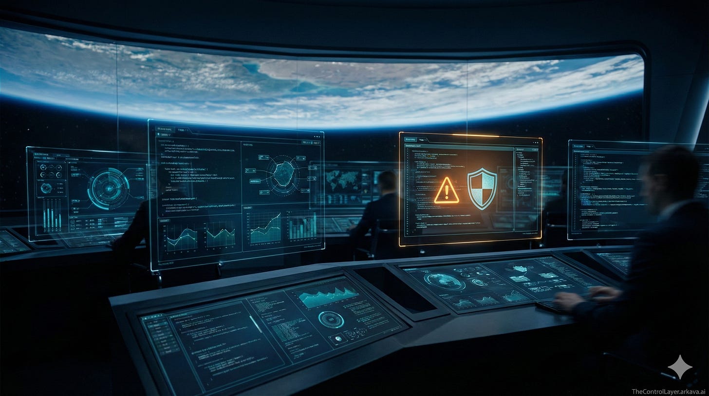 A futuristic control room with holographic displays showing code and network diagrams, with one screen displaying a warning indicator A futuristic control room with holographic displays showing code and network diagrams, with one screen displaying a warning indicator