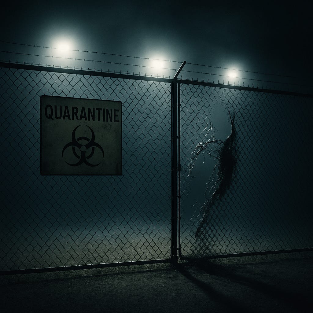 A floodlit chain-link quarantine fence stands in darkness. A faded biohazard warning sign hangs crooked beside a section of metal that’s been violently torn outward, as if something forced its way through. The harsh white lights cast long shadows across the ground, and beyond the fence, fog and darkness swallow everything.