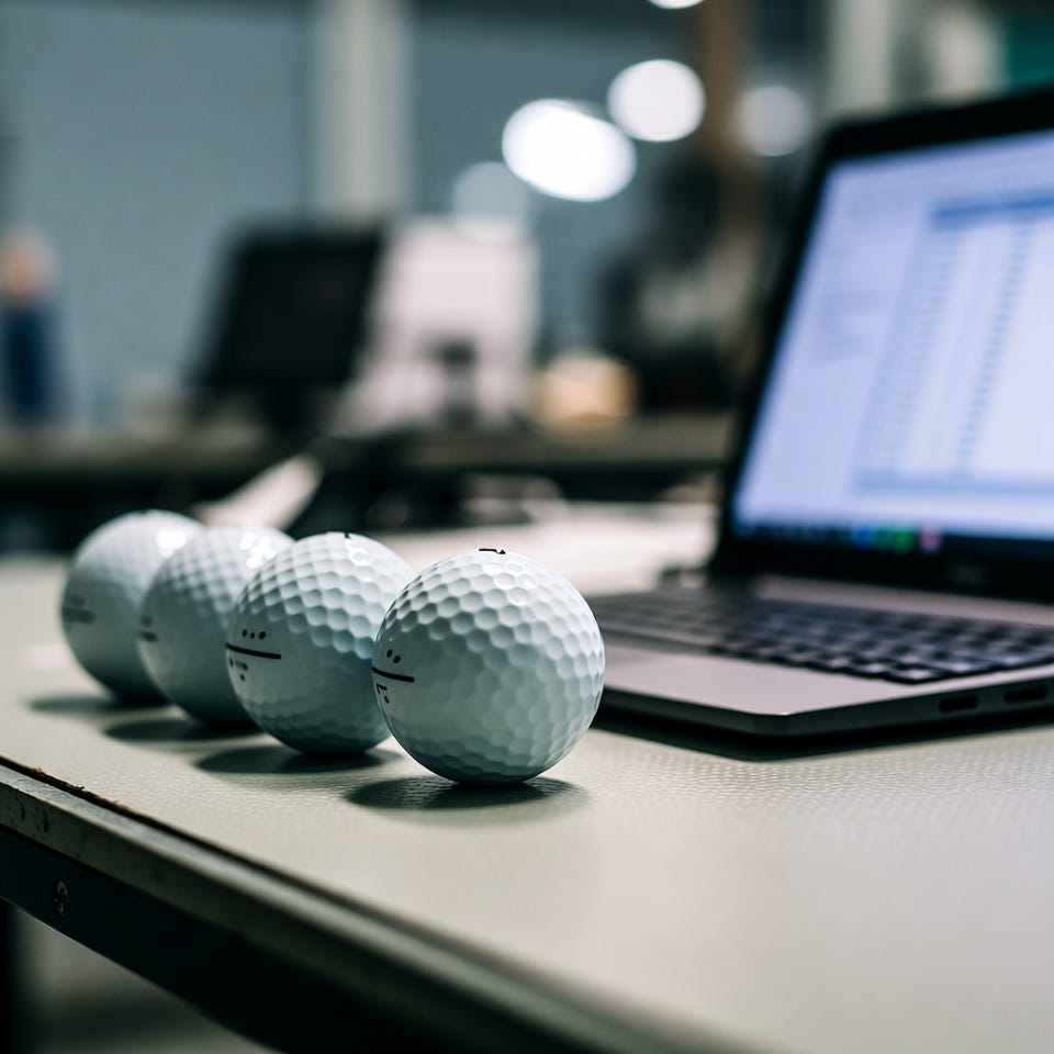 4 new golf balls on a test lab's workbench, photo realistic, bokeh, spreadsheet on a laptop open
