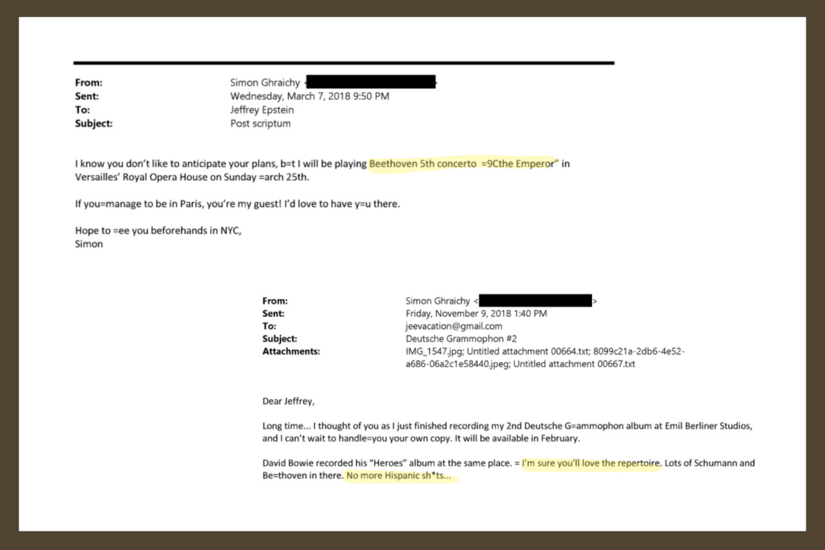 Emails between Ghraichy and Epstein discuss repertoire, including Ghraichy saying he would program “no more Hispanic sh*ts” for his second Deutsche Grammophon recording.