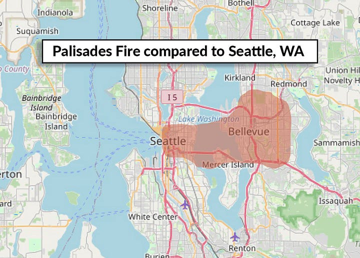Palisades Fire compared to Atlanta, Cleveland, Pittsburgh and Seattle