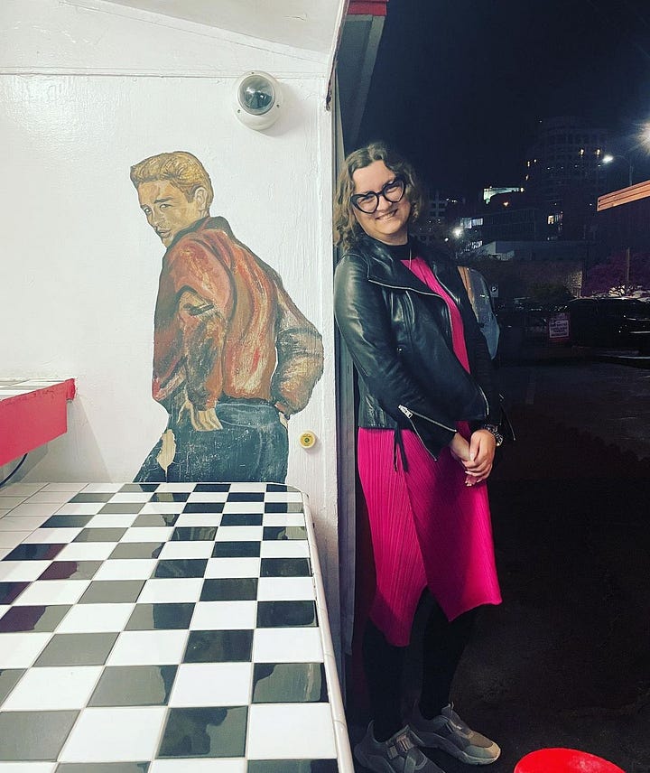 A sketch and a photograph of a woman. Both are very colorful, with shared pinks.