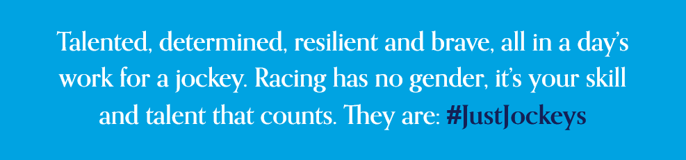 Great British Racing Just Jockeys campaign poster with slogan "Racing has no gender, it’s your skill and talent that counts" from 2020