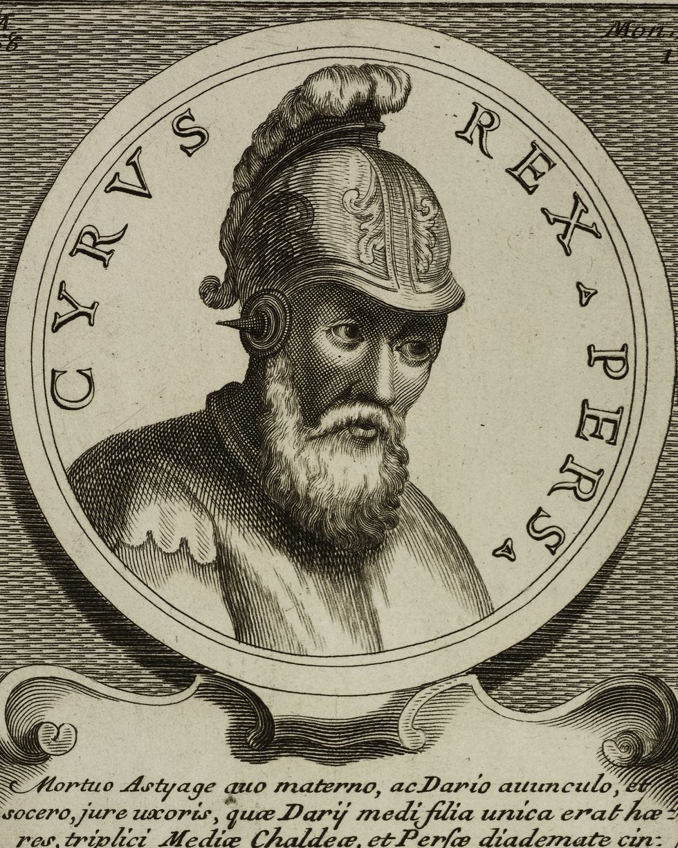 drawing of a man with a full beard wearing a helmet and looking right, he is surrounded by a decorative circular frame and inscription below