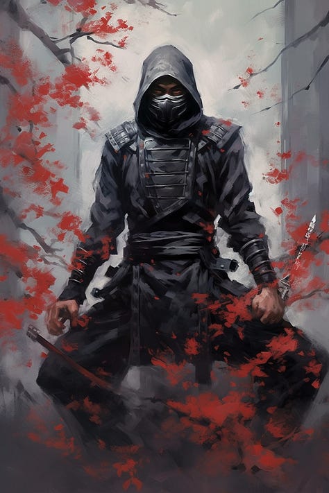 Shinobi warriors in a mixed genre chinoiserie-impressionism style