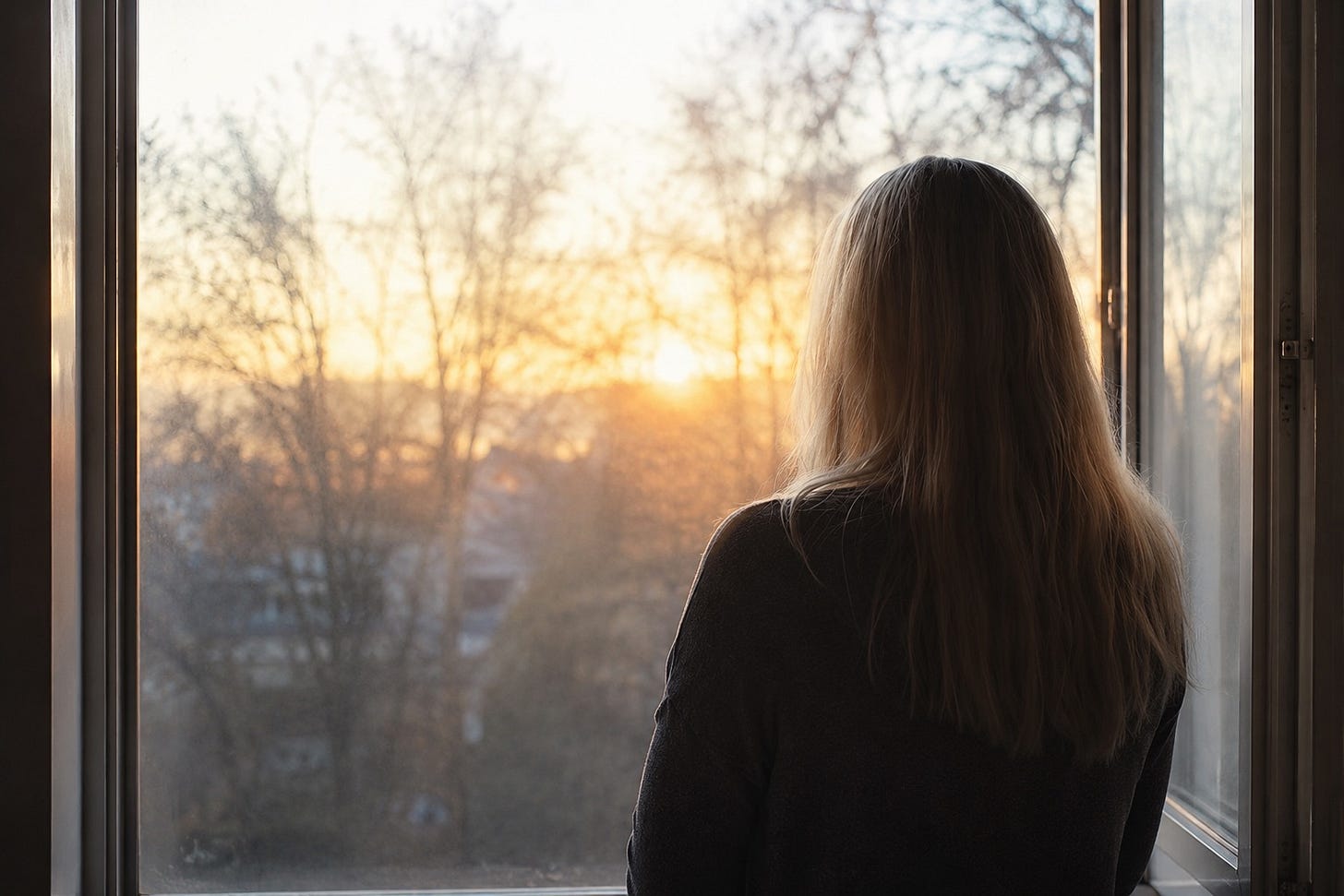 Person standing quietly at a window looking out at the natural world, illustrating the contrast between direct experience and the stories created by the mind.