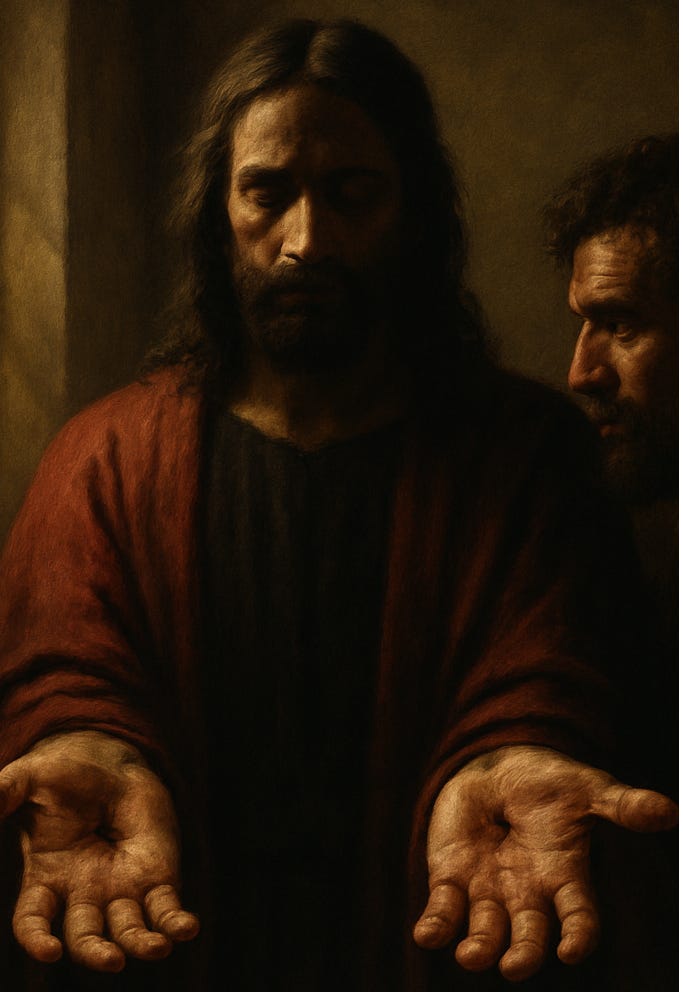 A somber, painterly depiction of Jesus Christ standing in a dimly lit room, wearing a dark robe with a red mantle. He looks downward with a solemn expression, extending both hands forward to reveal the scars from crucifixion. A bearded man stands closely to his side, looking intently at the wounds. The scene evokes themes of resurrection, belief, and redemption.