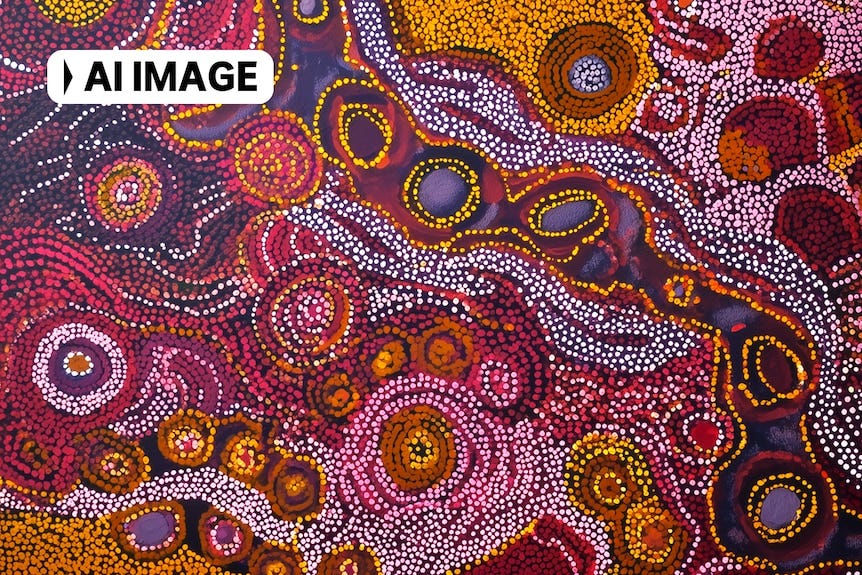 AI image: An orange, red, purple, pink and black coloured Aboriginal-style dot painting created with generative AI Midjourney. AI image: An orange, red, purple, pink and black coloured Aboriginal-style dot painting created with generative AI Midjourney.