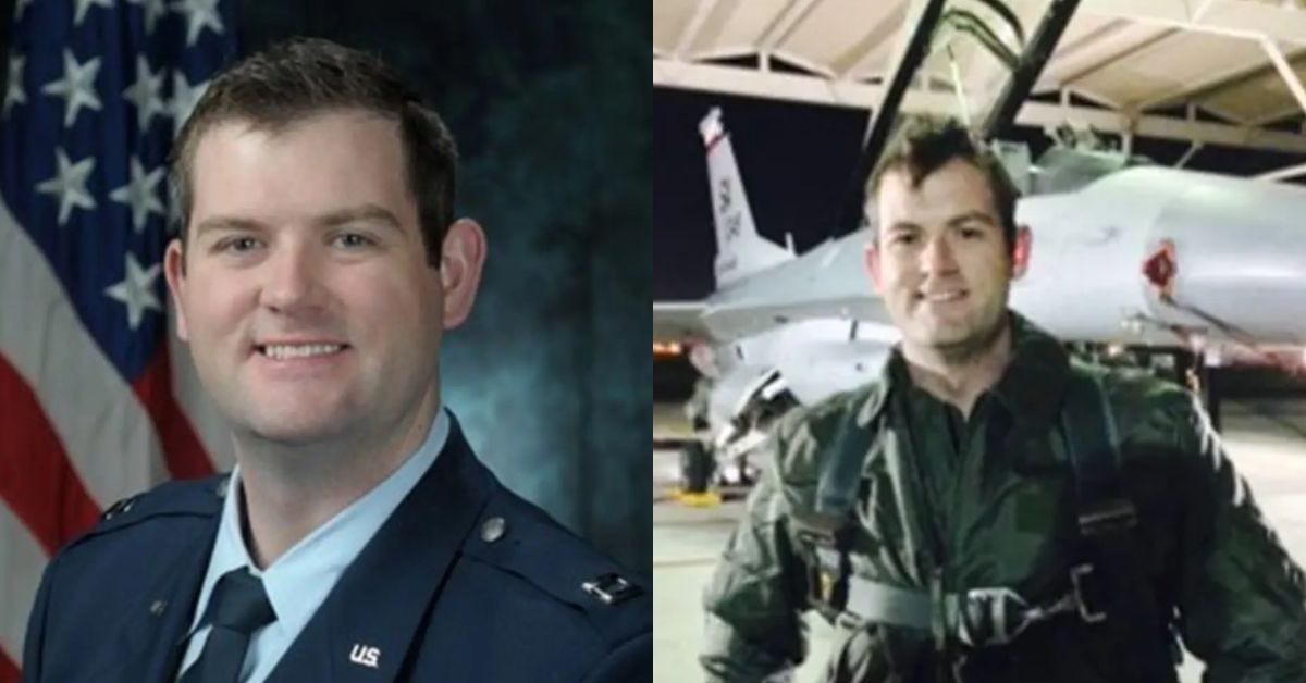 Portrait of a U.S. Air Force officer in uniform alongside a photo of him in flight gear next to an aircraft, showcasing military service and aviation.