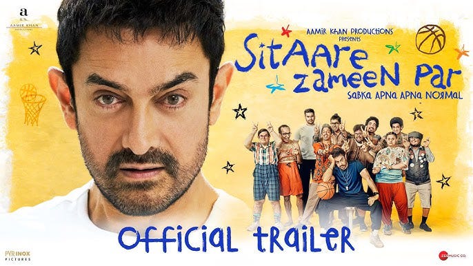 Movie poster for "Sitaare Zameen Par," featuring a close-up of actor Aamir Khan on the left against a yellow background. To the right, a group of children in colorful clothing pose energetically, some holding a basketball. The title is written playfully in blue and orange crayon-like text with doodles of stars and basketballs. Tagline reads: “Sabka Apna Apna Normal.” The bottom text says “Official Trailer.”