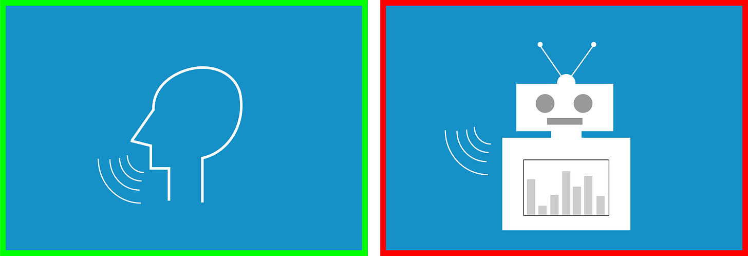 An illustration of the voice principle. The left panel shows a human head in profile with sound waves emanating from the mouth. The right panel shows a robot icon with sound waves emanating from a speaker on its chest.