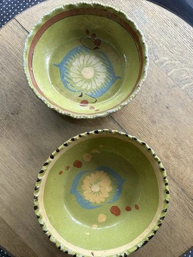 Vtg Set Of Two Mexican Glazed Green Pottery Bowls - Picture 1 of 5