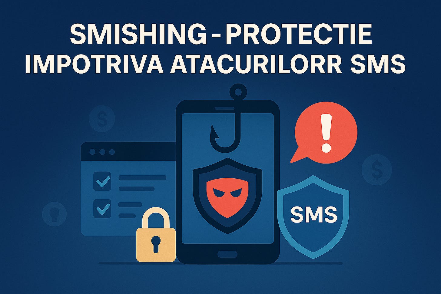 Banner vectorial flat 16 : 9, gradient indigo închis; titlu alb «SMISHING – PROTECTIE IMPOTRIVA ATACURILOR SMS». În centru, un smartphone cu un cârlig-phishing deasupra și scut roșu cu mască; balon roșu cu semn de exclamare, scut albastru cu text „SMS”, pictogramă lacăt și fereastră browser în fundal – design cybersecurity, contrast ridicat.