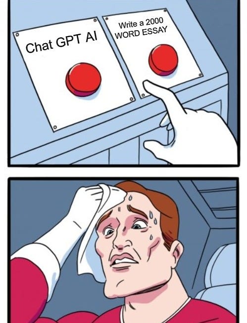 AI | Write a 2000 WORD ESSAY; Chat GPT AI; I JUST WANNA PLAY ROBLOX! | image tagged in memes,two buttons | made w/ Imgflip meme maker