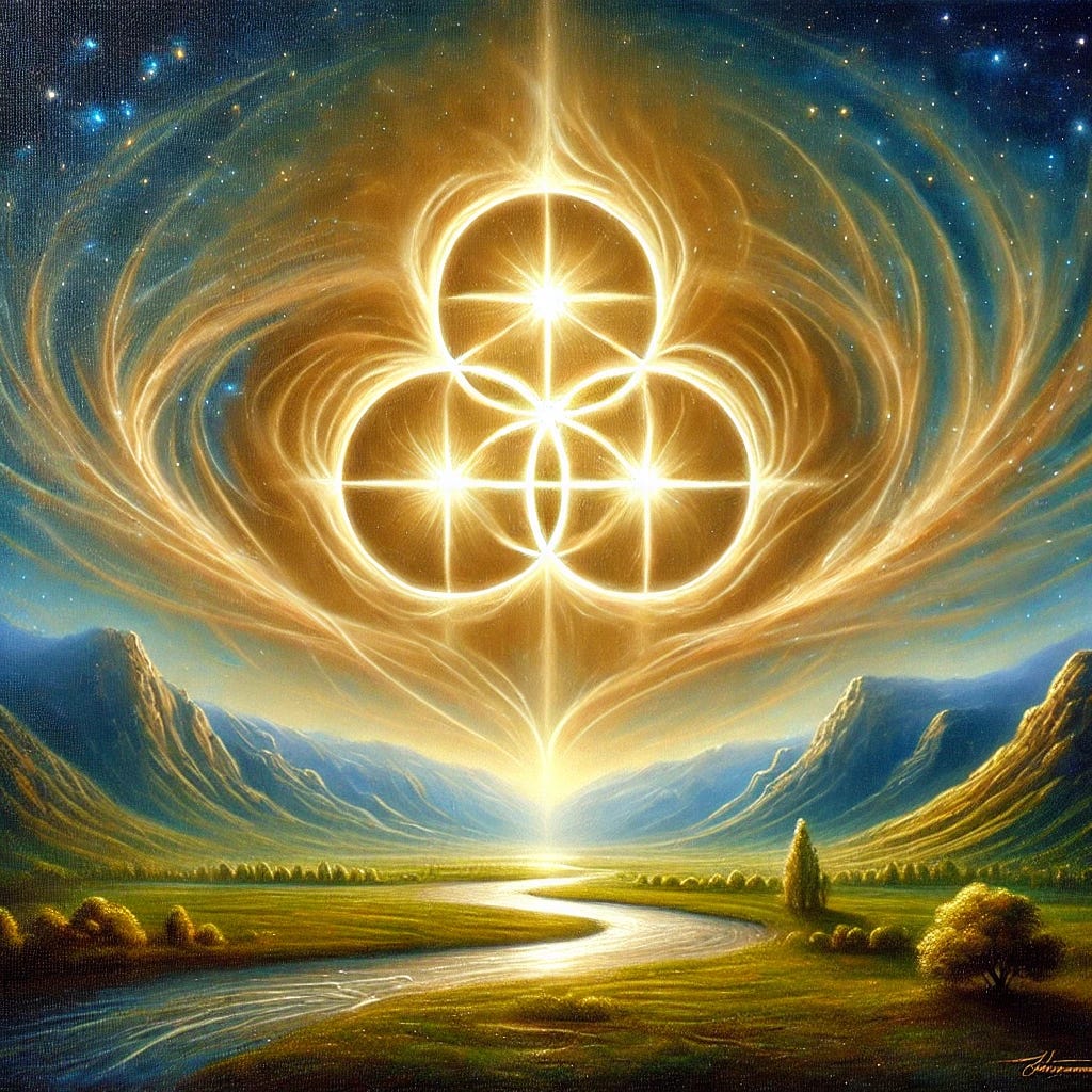 A traditional oil painting with a spiritual and philosophical theme, featuring a serene and glowing cosmic backdrop. At the center, a radiant trinity symbol—three distinct orbs of light subtly connected by flowing golden threads—represents unity and divine presence. Beneath it, a peaceful landscape with a winding river, gentle hills, and lush greenery bathed in soft golden light. The scene exudes harmony and timeless beauty, with smooth transitions between light and shadow creating a sense of depth and divine tranquility. The brushwork is detailed and classic, using rich tones of blues, golds, and greens to evoke warmth and spiritual contemplation, but without any human figures. A traditional oil painting with a spiritual and philosophical theme, featuring a serene and glowing cosmic backdrop. At the center, a radiant trinity symbol—three distinct orbs of light subtly connected by flowing golden threads—represents unity and divine presence. Beneath it, a peaceful landscape with a winding river, gentle hills, and lush greenery bathed in soft golden light. The scene exudes harmony and timeless beauty, with smooth transitions between light and shadow creating a sense of depth and divine tranquility. The brushwork is detailed and classic, using rich tones of blues, golds, and greens to evoke warmth and spiritual contemplation, but without any human figures.