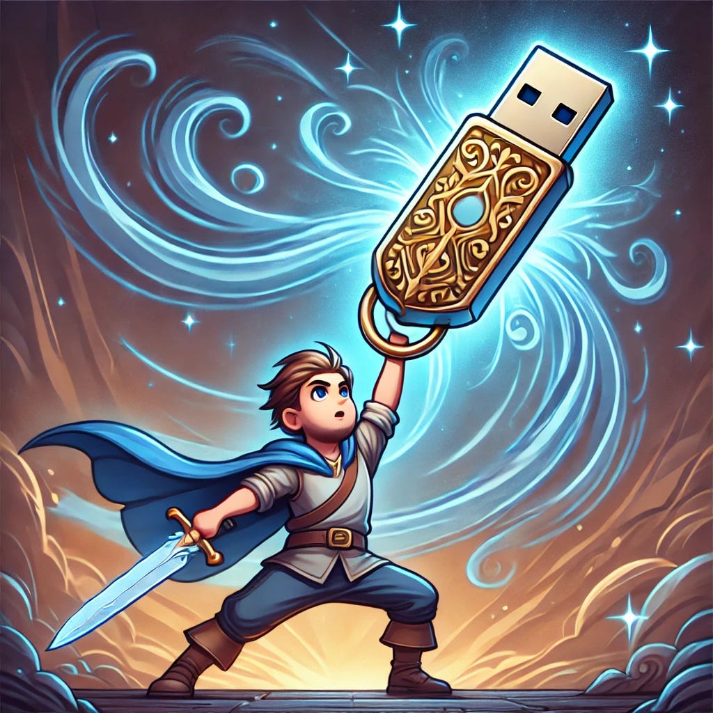 A cartoon-style illustration of a person holding a magical USB drive in the air like a sword. The USB drive glows with an ethereal blue aura, with intricate golden engravings pulsing with energy. The person looks triumphant, standing heroically with a determined expression. The background features a mystical, swirling sky with sparkling magical effects. The scene has a fantasy and adventure vibe, similar to a hero wielding an enchanted weapon.