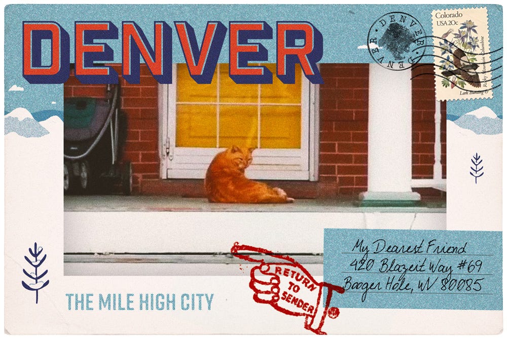 An illustrative pocard from Denver with a photo of an orange cat on a stoop in the center