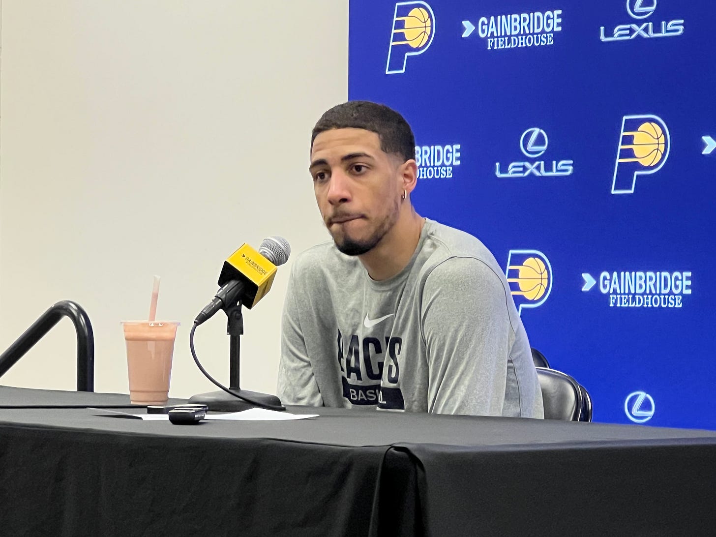 Pacers guard Tyrese Haliburton talks to reporters after a win over the Houston Rockets in overtime.