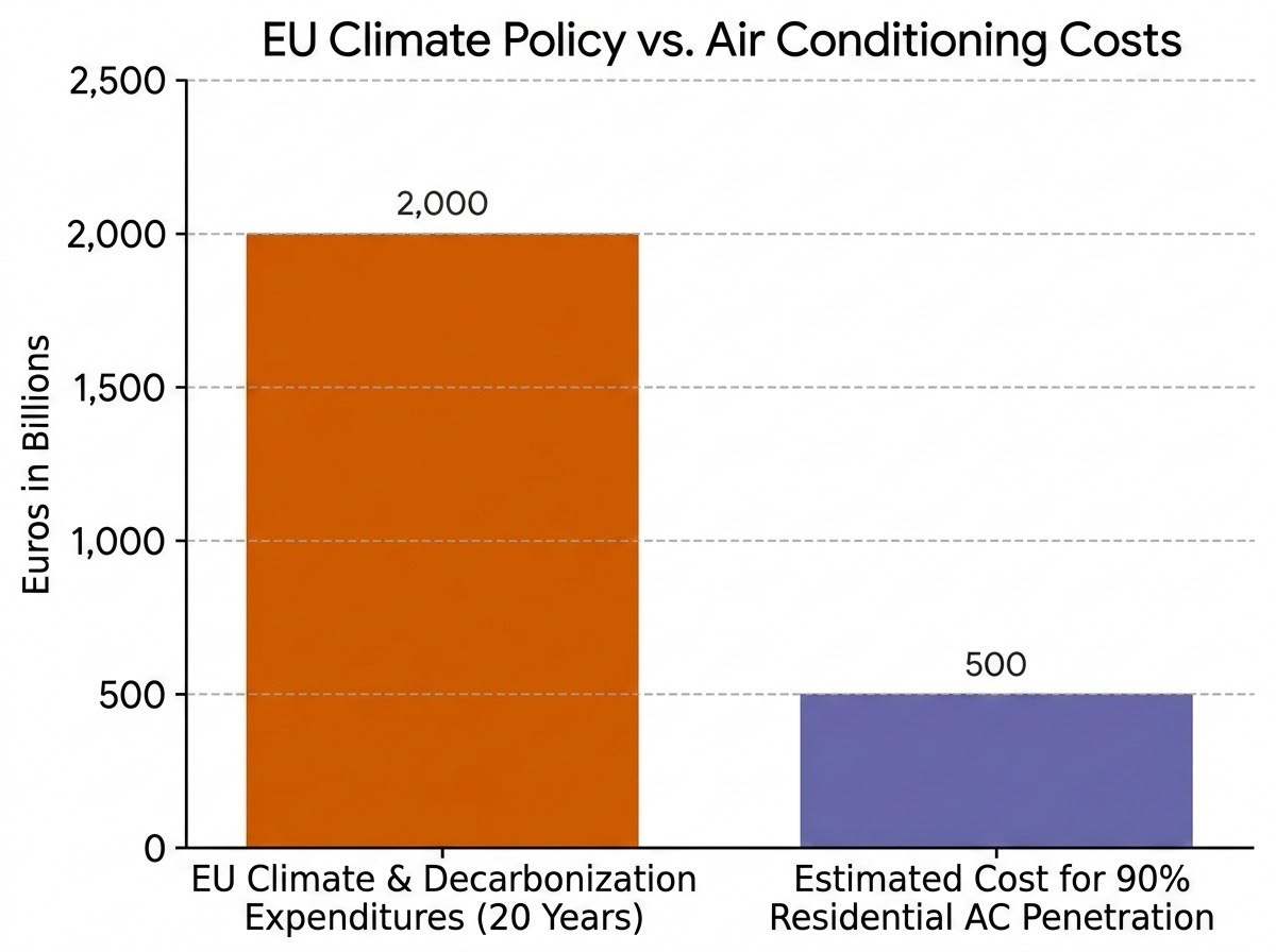 A bar chart titled 'EU Climate Policy vs. Air Conditioning Costs' comparing two values in billions/trillions of euros. The x-axis shows two categories: 'EU Climate & Decarbonization Expenditures (20 Years)' with a bar representing 2,000 billion euros ($2 trillion), and 'Estimated Cost for 90% Residential AC Penetration' with a bar representing 500 billion euros ($500 billion). The y-axis is labeled 'Euros in Billions' ranging from 0 to 2,500. A bar chart titled 'EU Climate Policy vs. Air Conditioning Costs' comparing two values in billions/trillions of euros. The x-axis shows two categories: 'EU Climate & Decarbonization Expenditures (20 Years)' with a bar representing 2,000 billion euros ($2 trillion), and 'Estimated Cost for 90% Residential AC Penetration' with a bar representing 500 billion euros ($500 billion). The y-axis is labeled 'Euros in Billions' ranging from 0 to 2,500.