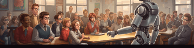 Midjourney: a friendly robot teacher lecturing a class full of human students --ar 4:1 --v 5.1