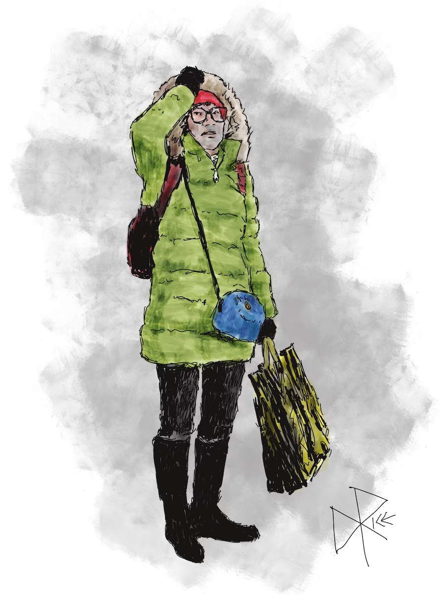 A woman pushes back the hood of her parka while holding a shopping bag in her other mittened hand. Sketch art by Don Rice.