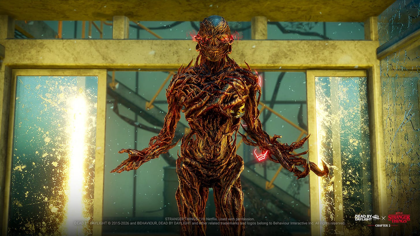 Vecna, the Stranger Things killer in Dead by Daylight, stands in a ruined facility with glowing red eyes and exposed
