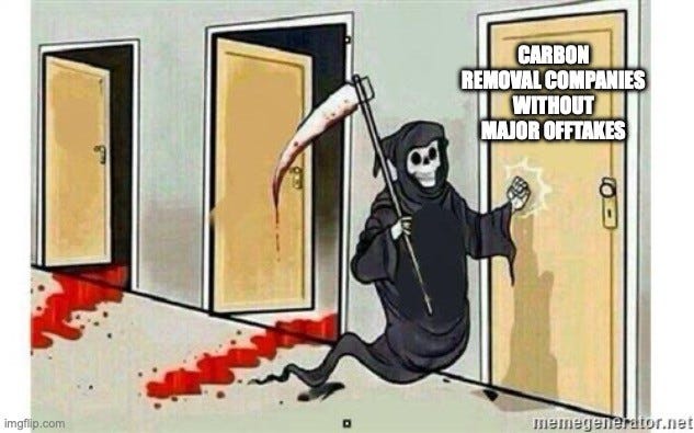 Grim Reaper knocking meme: a cartoon Grim Reaper with a bloody scythe knocks on the last of a row of doors, blood pooled under the doors he has passed. Label on the door: "CARBON REMOVAL COMPANIES WITHOUT MAJOR OFFTAKES"