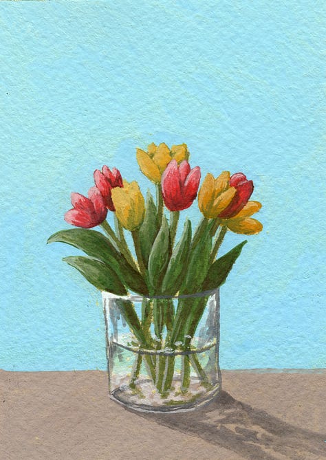 Painting 1: A robin sitting on a cherry tree branch, Painting 2: A seascape with sun reflecting on the water and flowers in the foreground, Painting 3: A still life of tulips in a glass vase