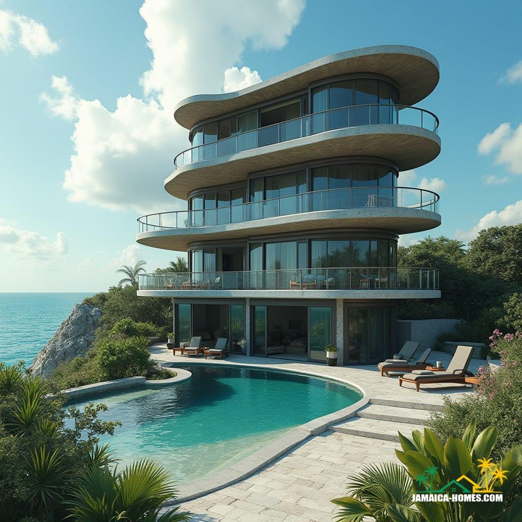 A majestic 4-storey steel frame round beach home in Jamaica, Caribbean, with protruding balconies, bathed in warm cinematic lighting 
