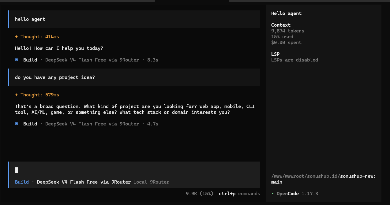 OpenCode responding inside the project folder. OpenCode responding inside the project folder.