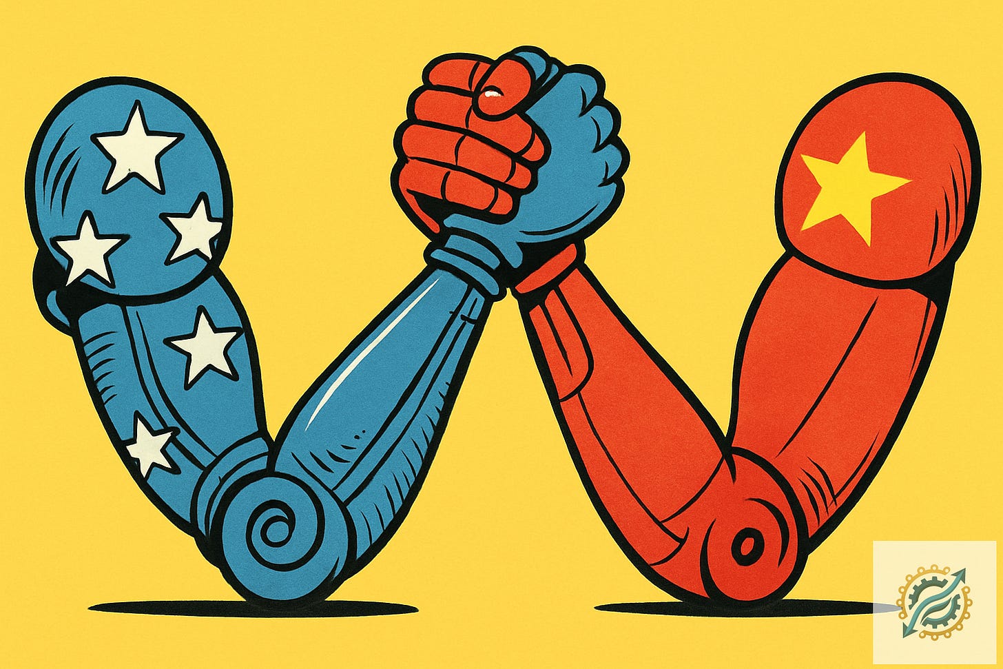 Imagem mostrando ilustração de competição tecnológica entre EUA (braço azul com estrelas) e China (braço vermelho com estrela amarela) na corrida por inteligência artificial