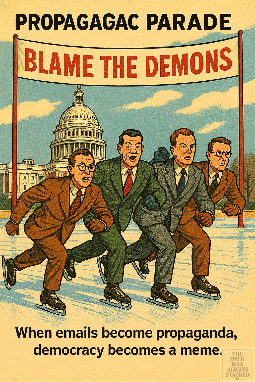 Four suited men skating on ice in front of the U.S. Capitol beneath a banner reading PROPAGAGAC PARADE – BLAME THE DEMONS. Satirical illustration critiquing propaganda and political spectacle