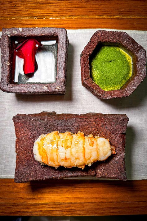 FZN by Bjorn Frantzen: Langoustin with ginger emulsion and the Duck BBQ with foie gras and wasabi leaf