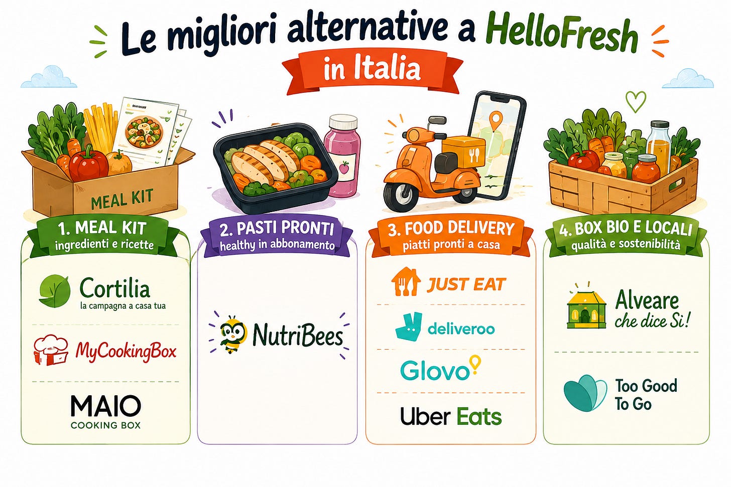 Illustrazione delle migliori alternative a HelloFresh in Italia, suddivise in quattro categorie: meal kit, pasti pronti, food delivery e box bio e locali, con Cortilia, MyCookingBox, MAIO Cooking Box, NutriBees, Just Eat, Deliveroo, Glovo, Uber Eats, Alveare che dice Sì! e Too Good To Go. Illustrazione delle migliori alternative a HelloFresh in Italia, suddivise in quattro categorie: meal kit, pasti pronti, food delivery e box bio e locali, con Cortilia, MyCookingBox, MAIO Cooking Box, NutriBees, Just Eat, Deliveroo, Glovo, Uber Eats, Alveare che dice Sì! e Too Good To Go.