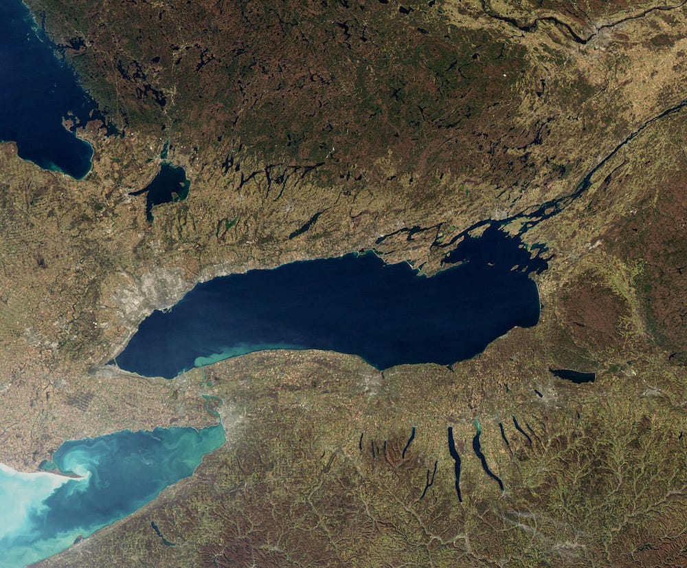 Satellite image of Lake Ontario taken during late autumn.