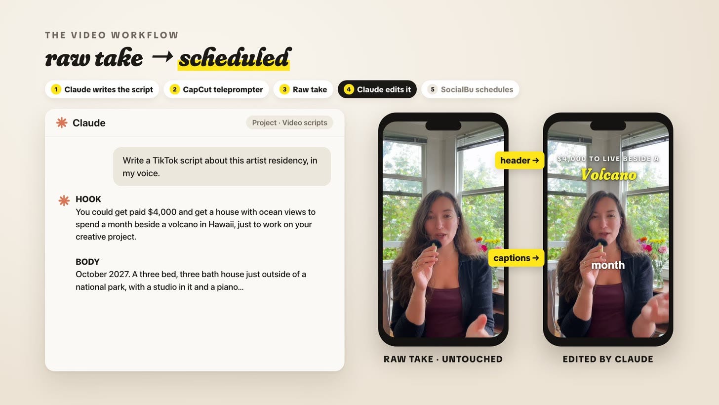 Amy's raw phone video next to the version Claude edited, with a yellow header and one-word captions Amy's raw phone video next to the version Claude edited, with a yellow header and one-word captions