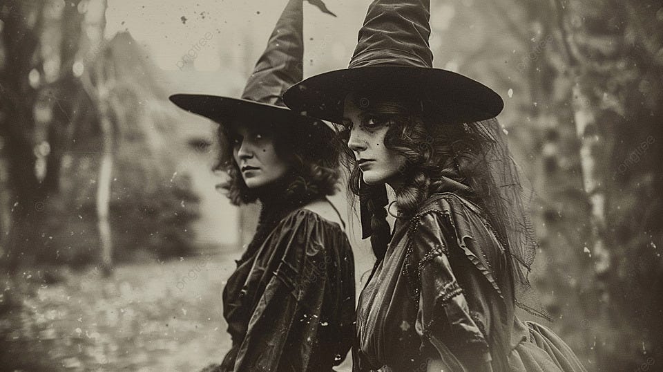 Two Vintage Witches Gathered Eve Of Halloween Background ...