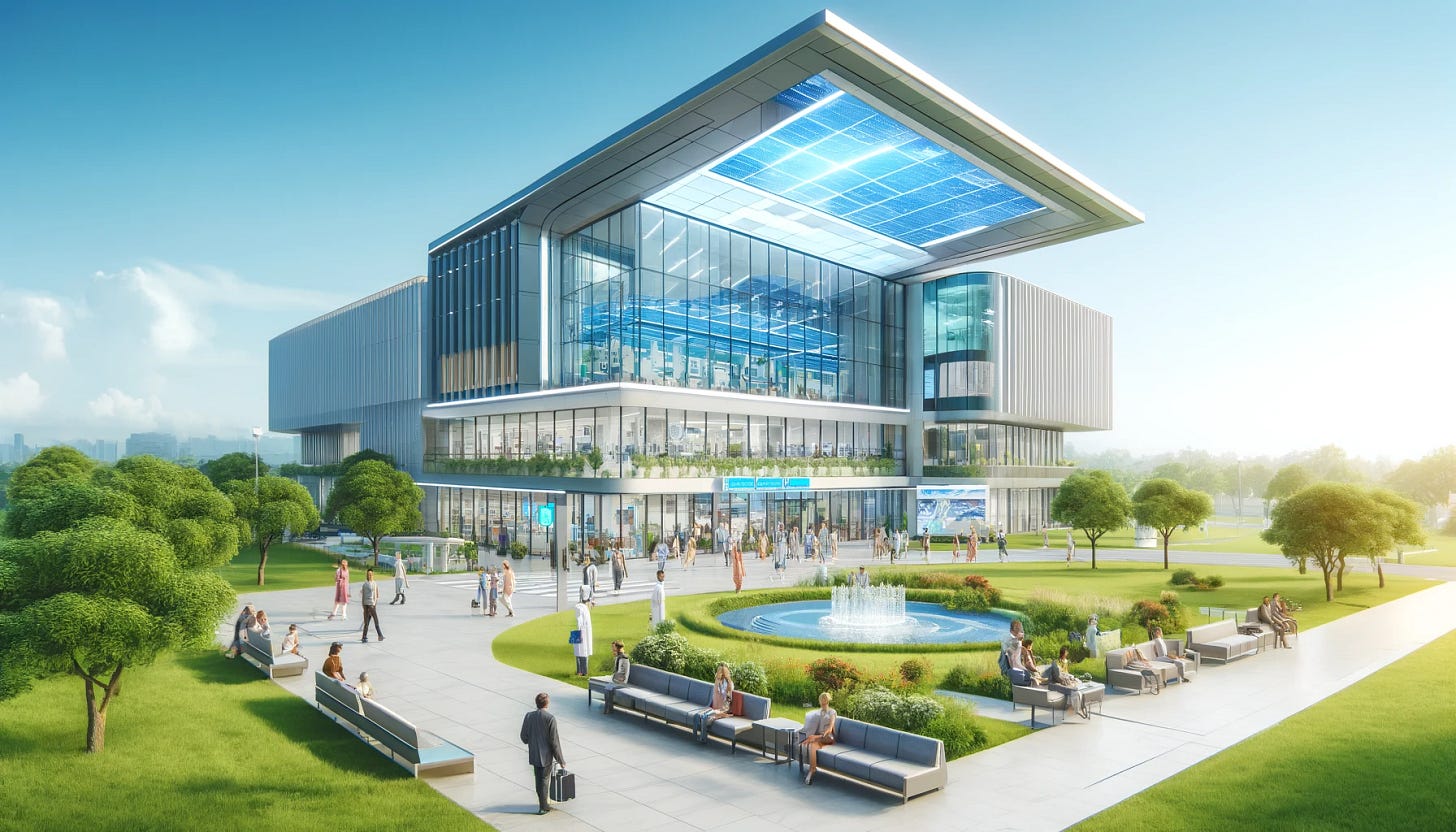 A vibrant and modern medical facility set in a suburban environment. The building features futuristic architecture with clean lines and a glass facade. Around the entrance, there's a well-maintained green area with benches and a small garden, providing a calming space for patients and visitors. The design includes innovative elements like solar panels and green roofs. Inside, there is a bright and spacious lobby with interactive digital displays, comfortable seating, and a welcoming reception area. Diverse people are coming and going, showcasing a busy yet efficient atmosphere. Advanced medical equipment is visible through large transparent windows, promoting a sense of cutting-edge healthcare technology.
