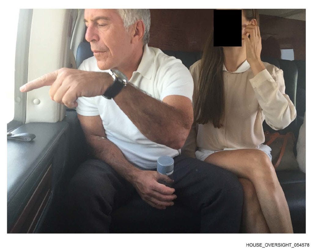 Jeffrey Epstein on a plane with a girl whose face is redacted.