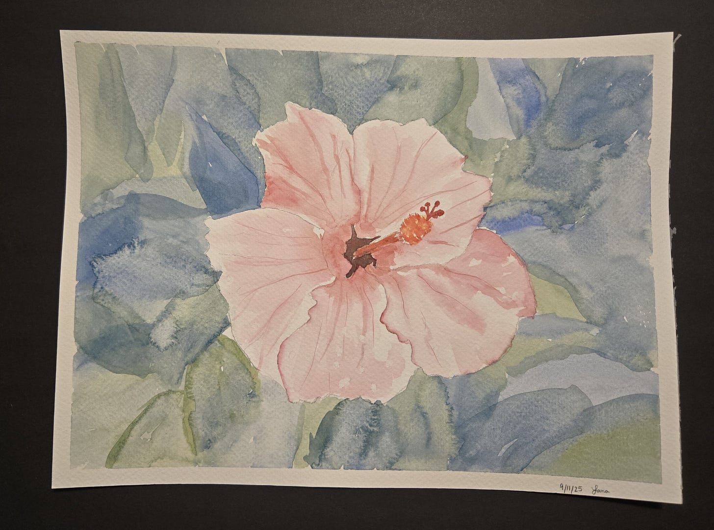 Watercolor painting of a pink hibiscus flower with loose blue-green background, created as a floral practice piece.