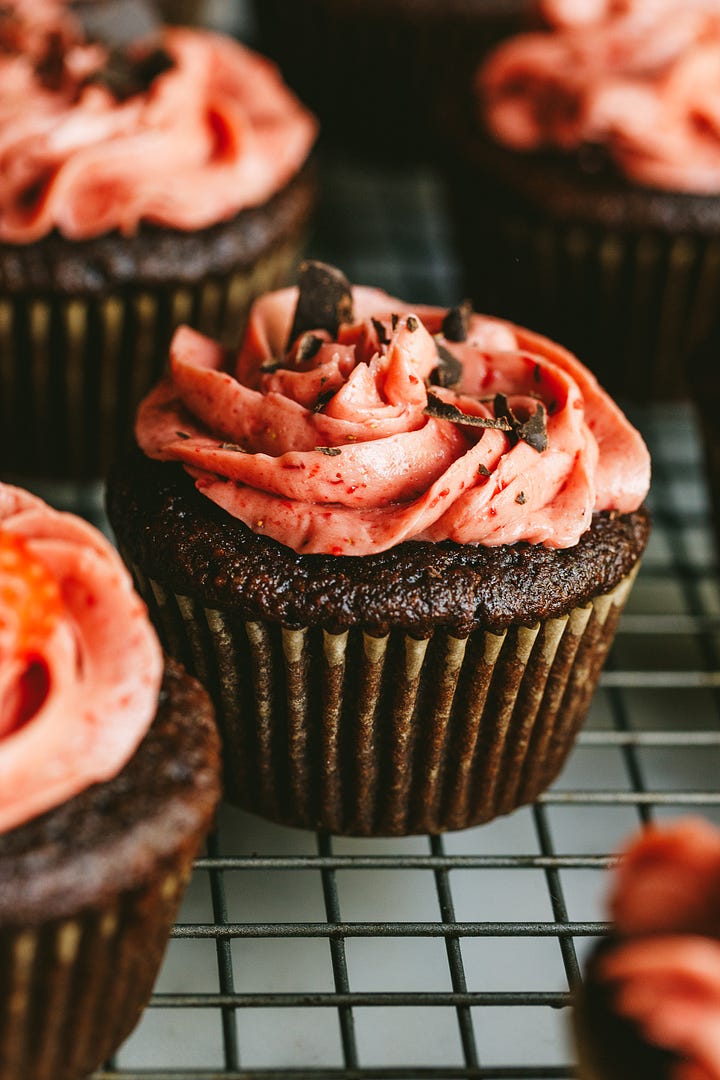 Low-carb chocolate cupcakes with strawberry buttercream.