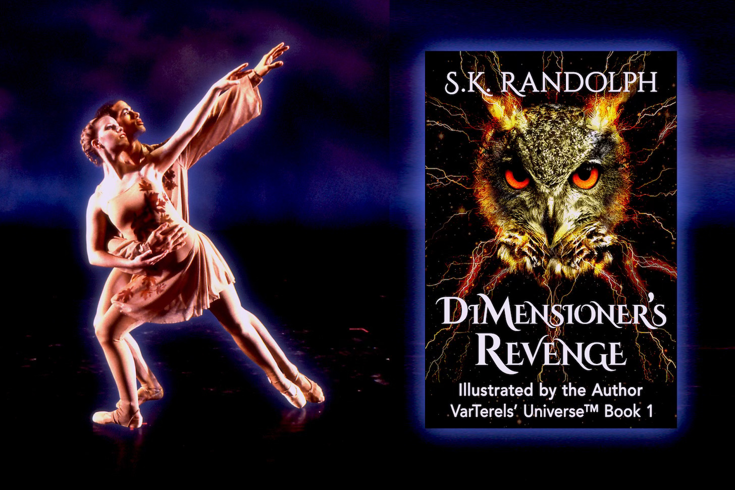 A dramatic ballet dancer in a beige costume poses gracefully on a dark stage. To the right, the book cover for Dimensioners Revenge by S.K. Randolph features a fierce owl with glowing eyes and lightning.