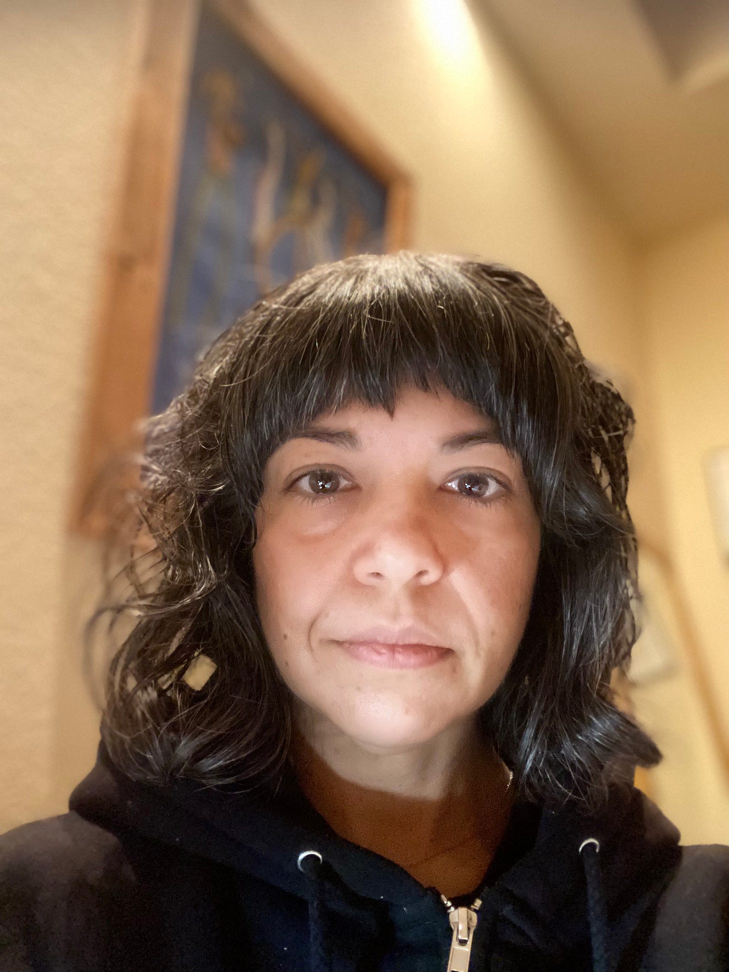 A dark-haired woman in her 40s with shoulder-length curly hair and choppy bangs stares at the camera. Behind her is a blurred photo with a blue background and colorful, thin figures in the foreground. The woman is wearing a black hoodie zipped up to the top. A dark-haired woman in her 40s with shoulder-length curly hair and choppy bangs stares at the camera. Behind her is a blurred photo with a blue background and colorful, thin figures in the foreground. The woman is wearing a black hoodie zipped up to the top.