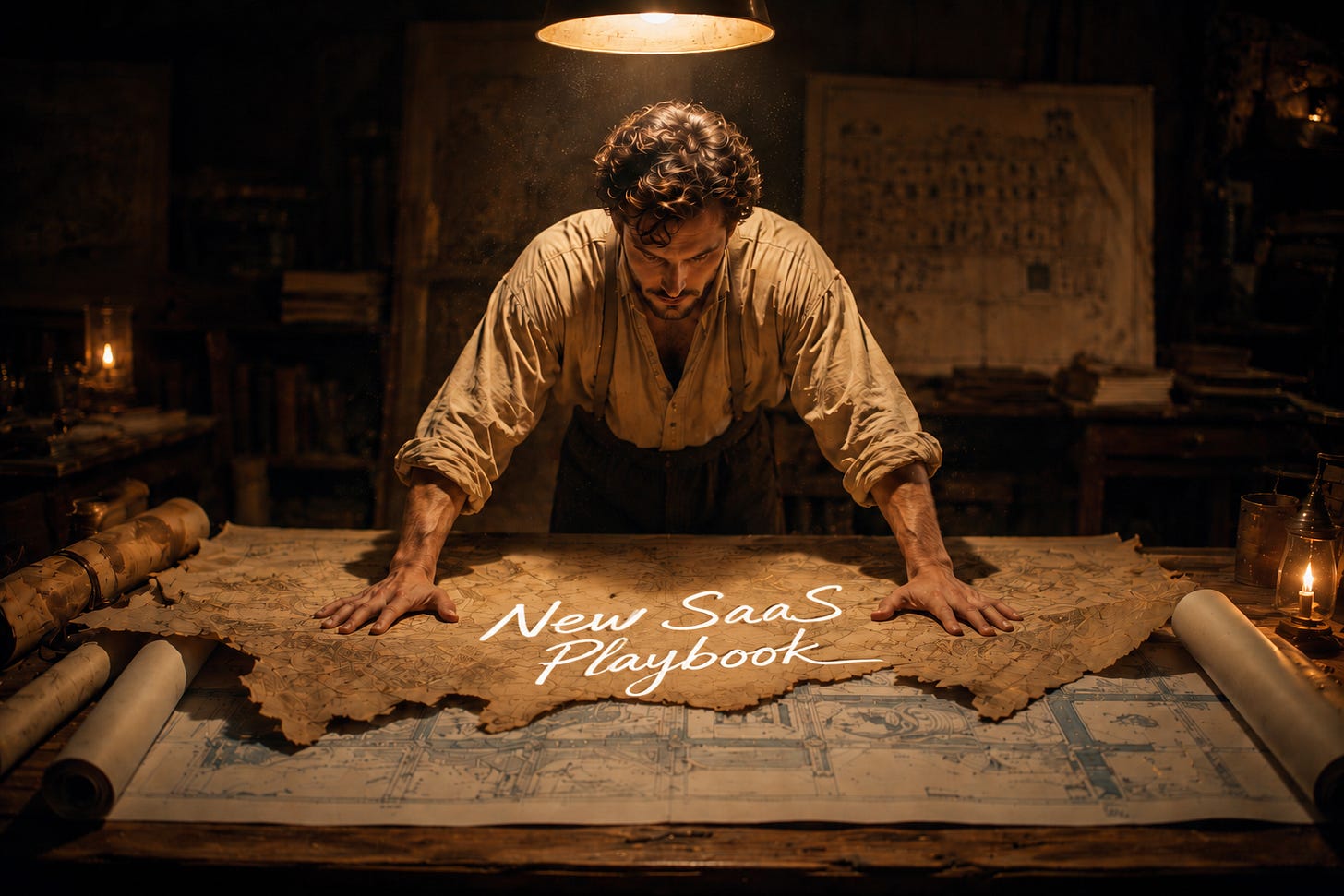 Person studying a torn old map labeled “New SaaS Playbook” under warm lamplight. Person studying a torn old map labeled “New SaaS Playbook” under warm lamplight.
