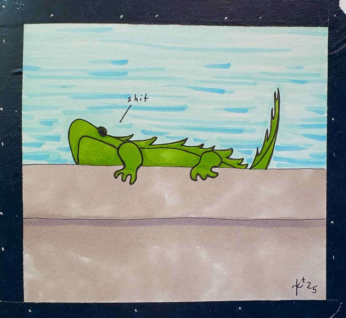 Hand-drawn cartoon of an iguana toppling off a wall overlooking the sea. Tiny letters emanating from the falling lizard say “shit”