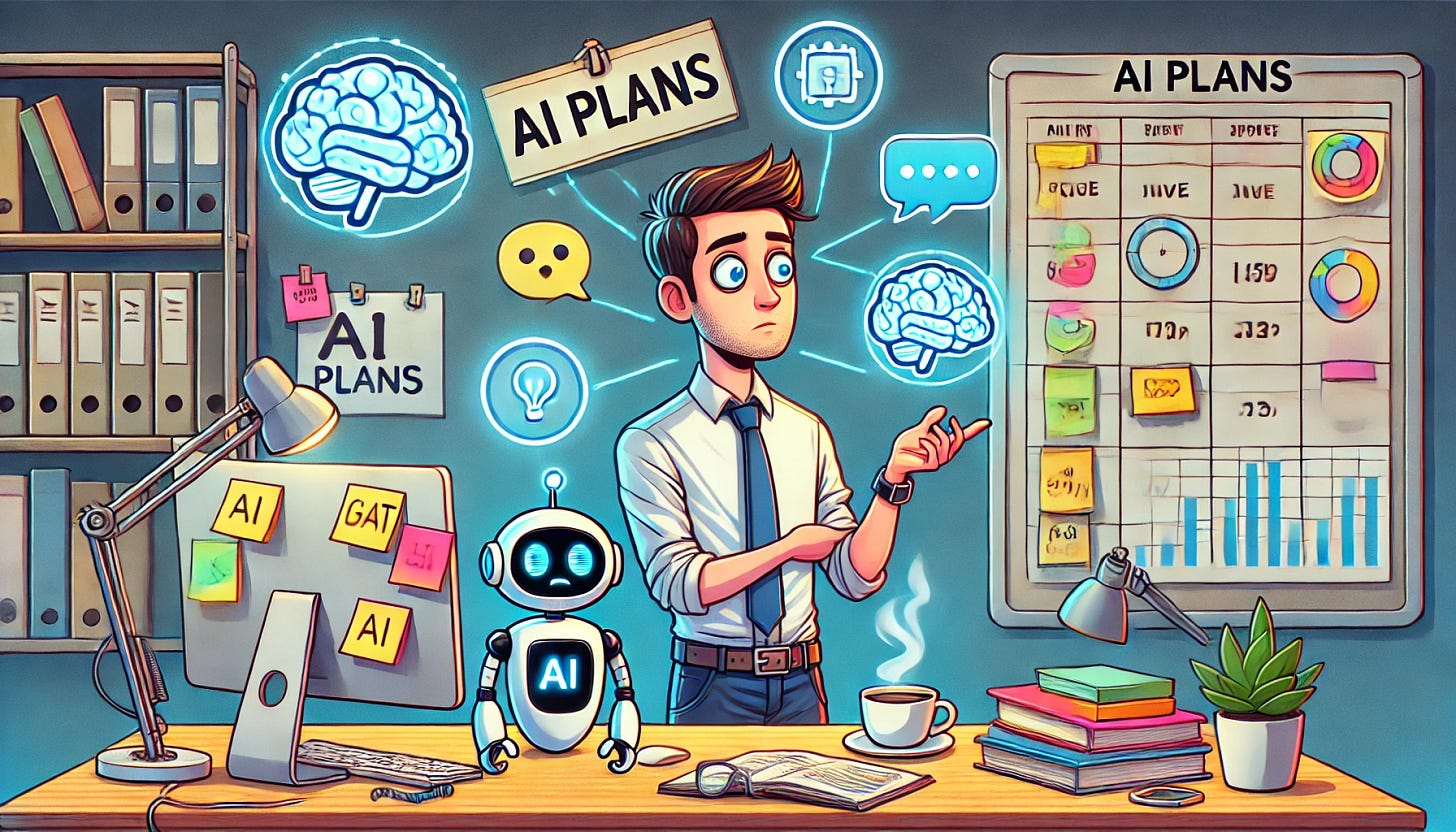 A slightly humorous yet professional illustration of a product manager juggling glowing AI icons like brains, chat bubbles, and calendar invites, looking focused but mildly overwhelmed. The setting includes a tidy modern workspace with sticky notes and charts labeled 'AI Plans' on a digital whiteboard. A small robot assistant on the desk is offering coffee, adding a light playful touch without being overly cartoonish. The overall tone is tech-savvy and relatable.
