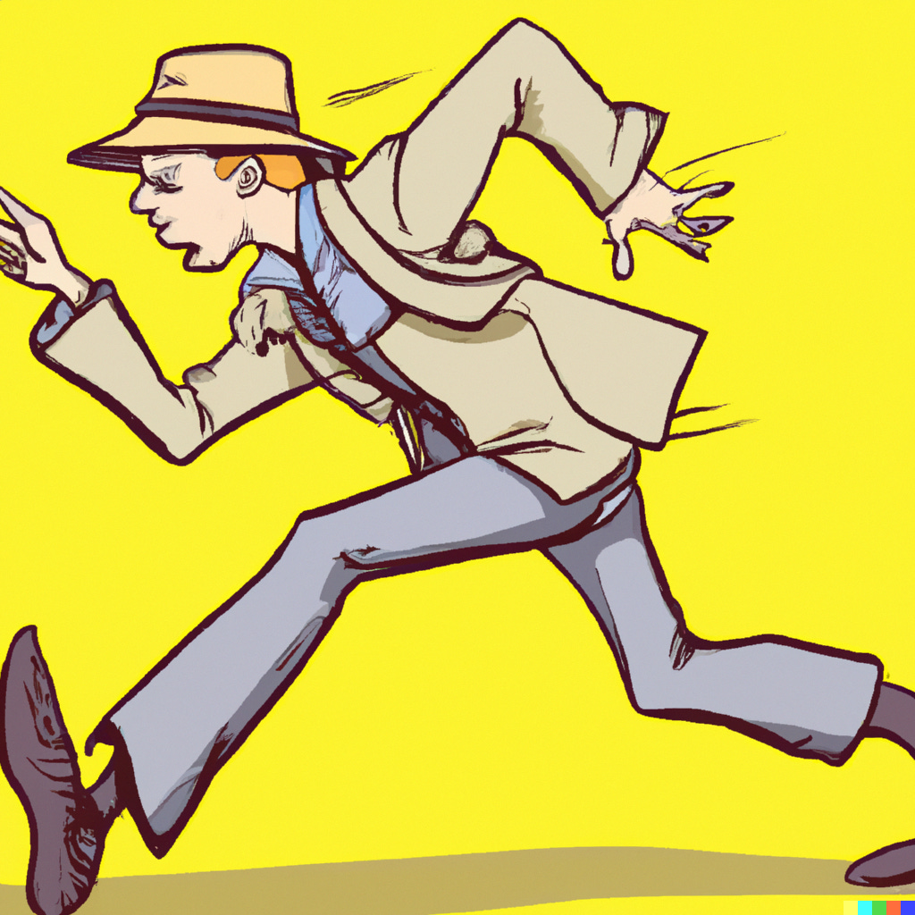 Inspector Clouseau running fast, manga style, yellow background