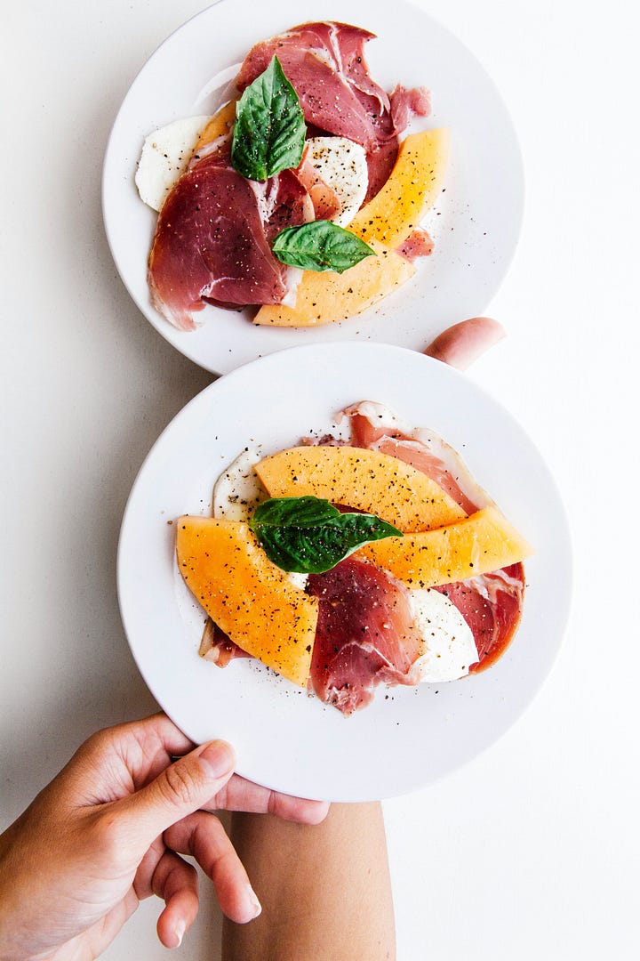 Melon and Prosciutto. Chips and Dip. Photos by Chris Ralston and Luis Cortes via Unsplash.