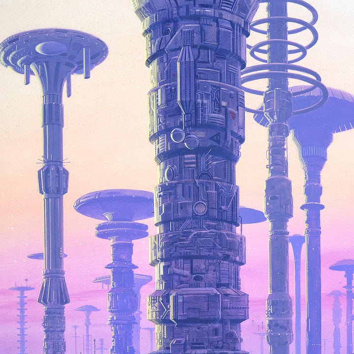 LEFT: Detail of the towers of Trantor set against a sky rendered upward in a gradient of pink to peach. The trunk of each tower is different as are the saucers at the top. Some look like bottle caps, others like spaceships. RIGHT: Close detail of Hari Selden sitting in a wheelchair with a red book propped on his lap. He wears a white jacket with a raven pin on one lapel. Underneath, his shirt is black with a simple round neckline striped with white diagonals. A white blanket trimmed in gold and decorated with stars and planets covers his legs. There is a square of green marble on the platform under him.