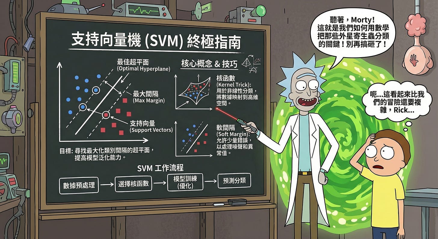 使用 rick and morty 畫風畫一張圖，用繁體中文非常详细地介绍 SVM 模型